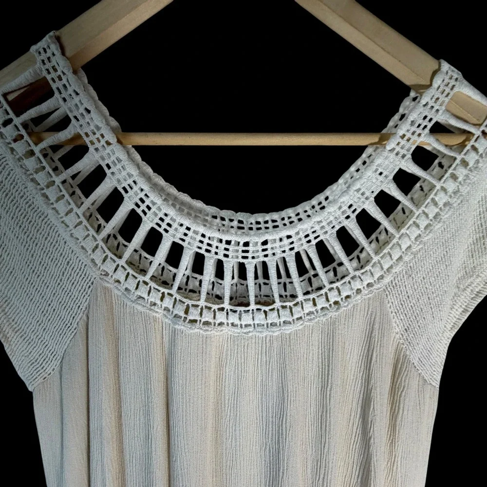 Free People Sundancer‎ Crochet Yoke Crinkle Mini Dress Cream Boho Tunic Large